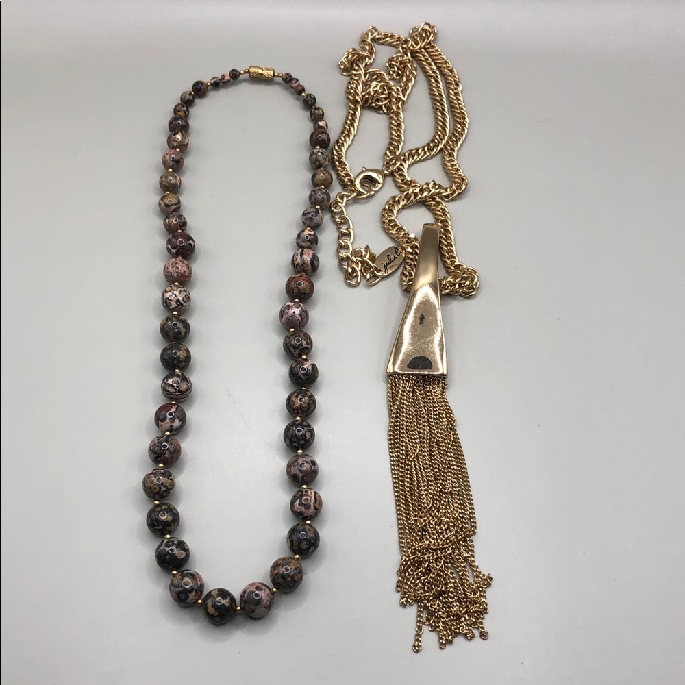 Jules b gold chain tassel + vintage leopard jasper stone bead necklace bundle 2.